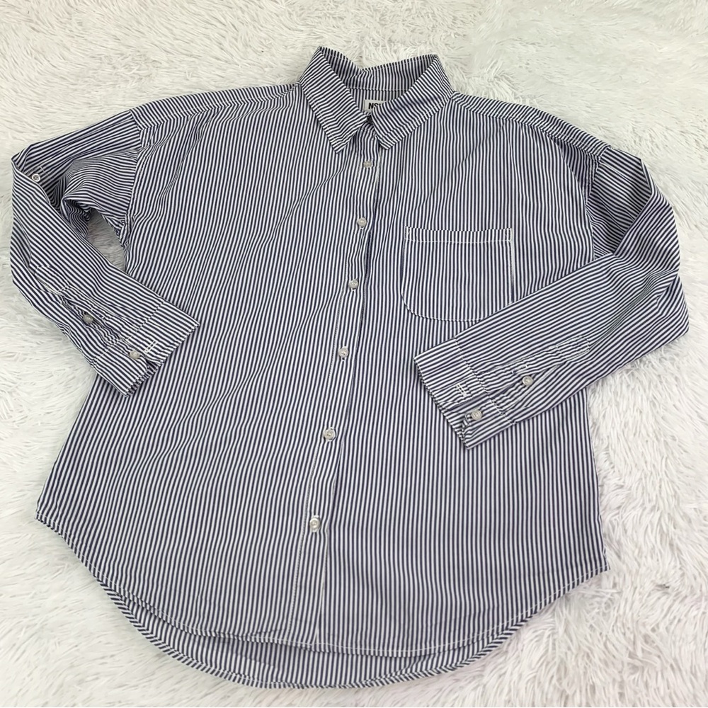 NSF Navy and White Striped Button-Down‎ Shirt roll tab sleeve
